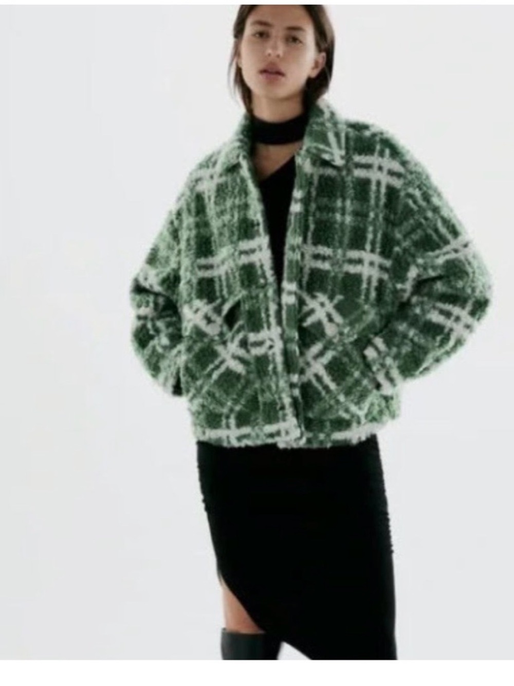 ZARA Women's Combination Plaid Fleece/ Teddy Oversized Jacket
Green